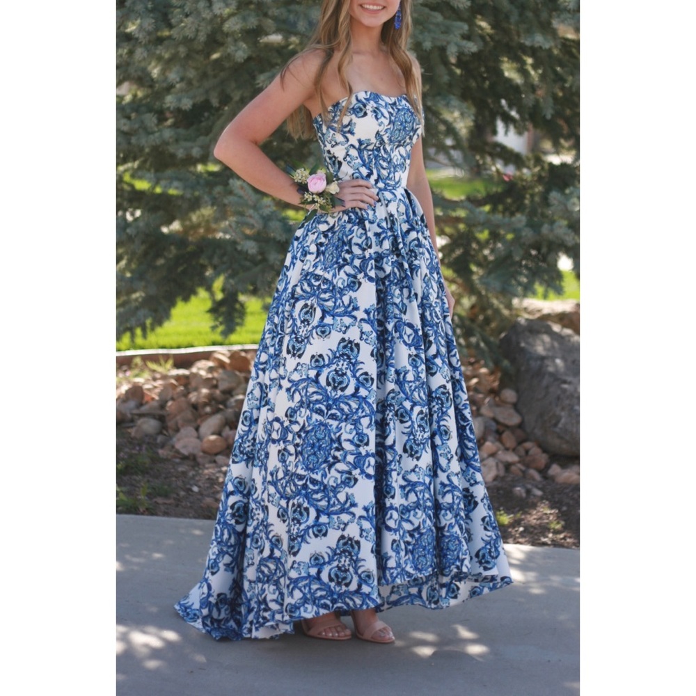 Camille La Vie Strapless Print High Low Dress